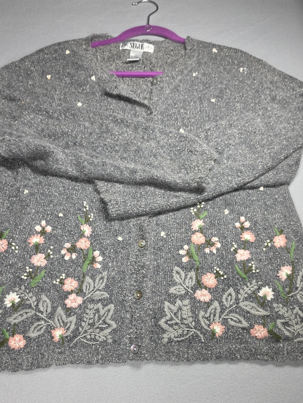 Size XL Segue Gray Embroidered Floral Button-Up Sweater